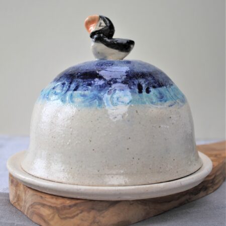 handmade butter dish with puffin top